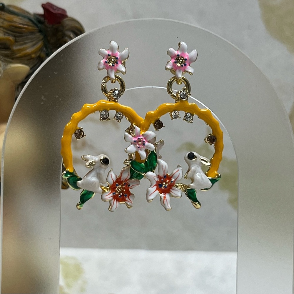 Charming Fluffy Bunny Floral Enamel Hoop Earrings. - Picture 2 of 5